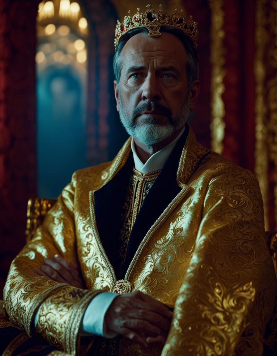 Regal King on Throne: Cinematic Oil Painting