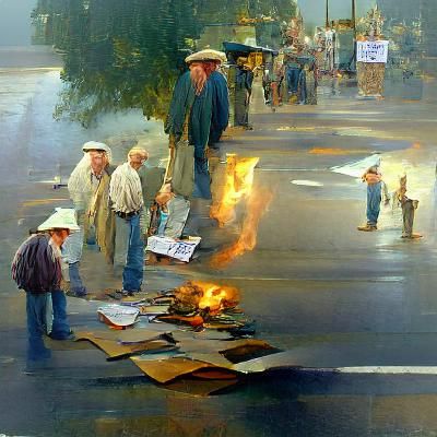 Street Protest in Oil Painting Style