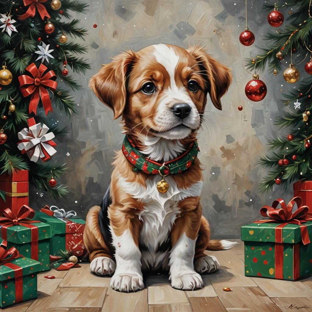 Christmas Puppy Portrait in Detailed Oil Painting Style