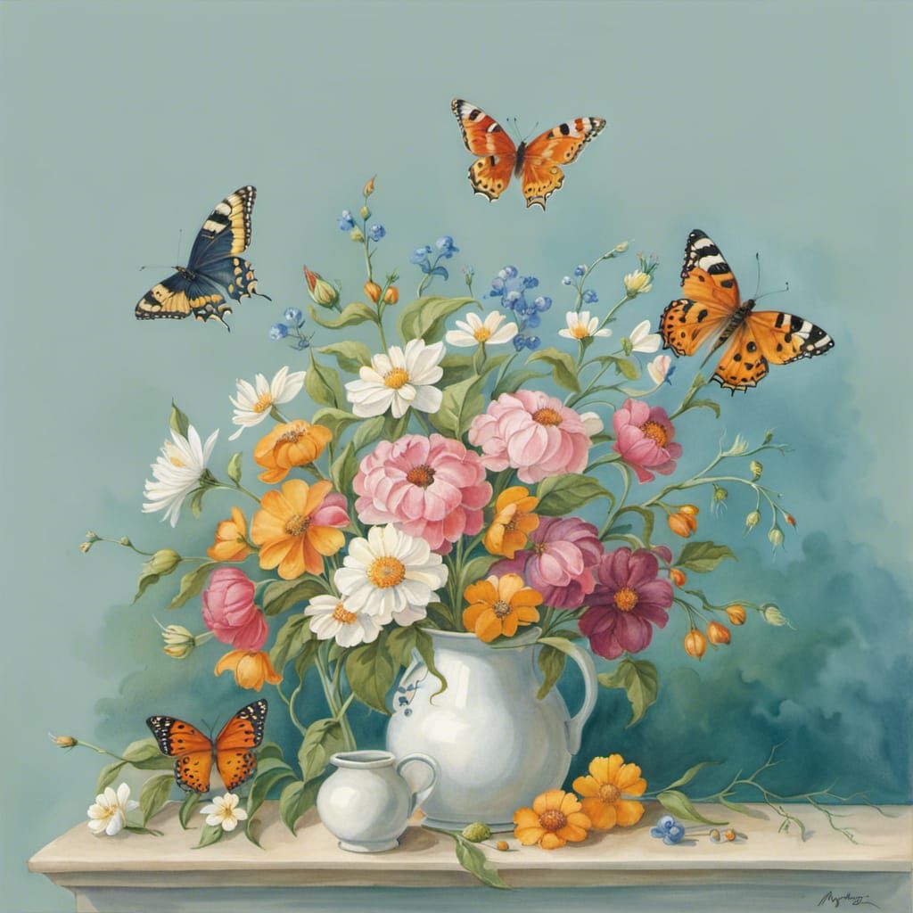 Flowers and Butterflies Naturalistic Illustration