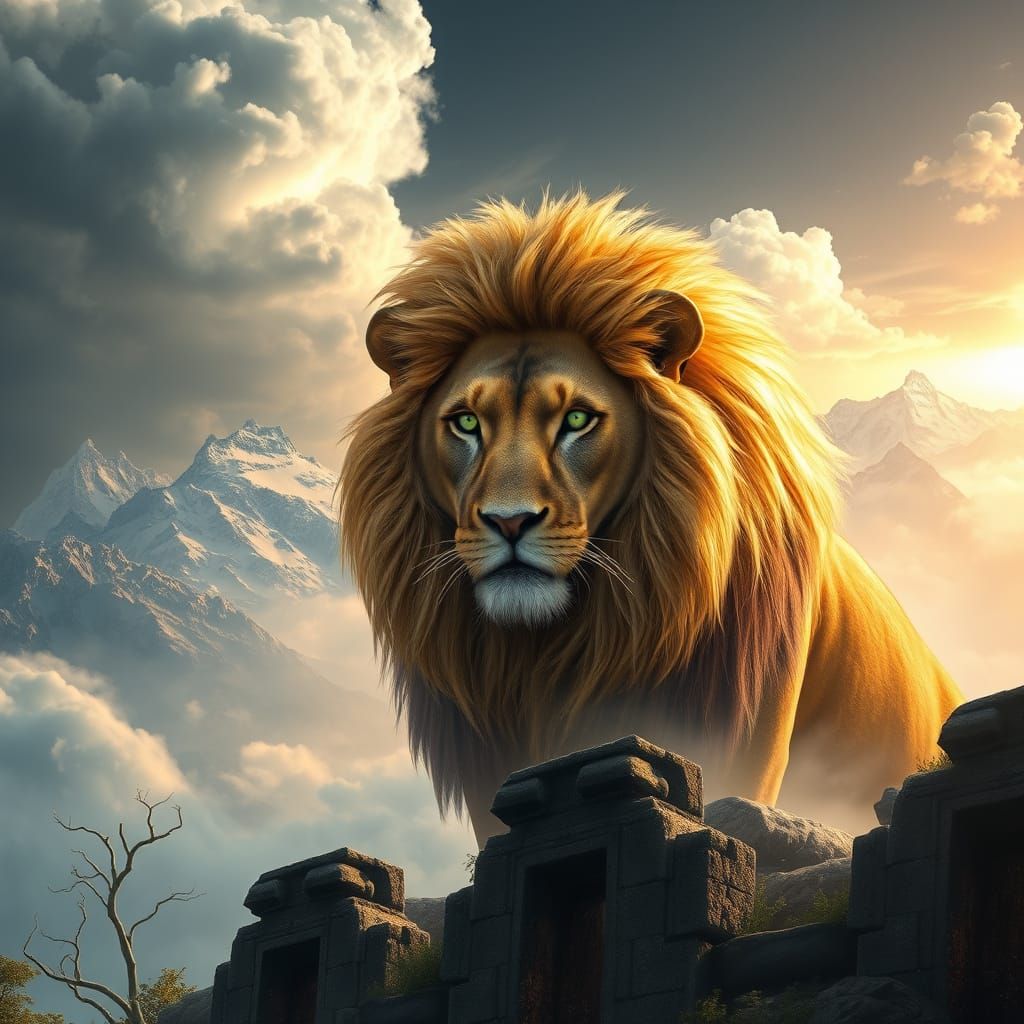 Ethereal Lion in Dreamlike Landscape