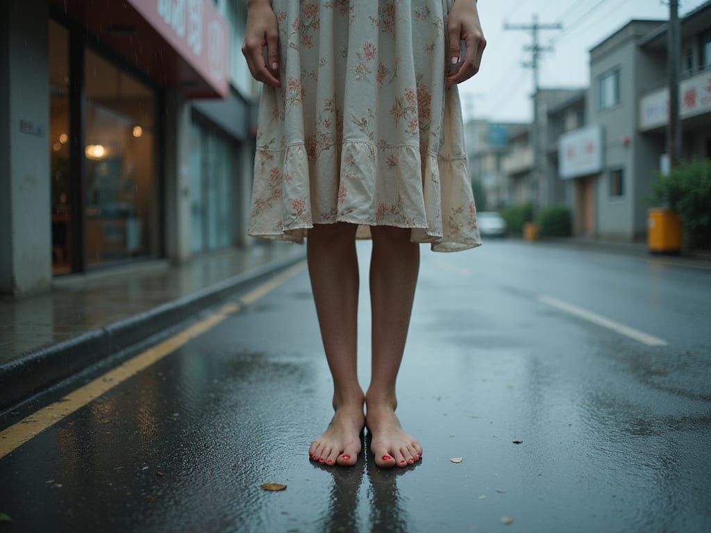 Barefoot Woman in Rain, Hyperrealistic Cinematic Photography