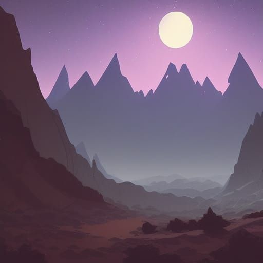 Night Desert Mountain Landscape in Matte Painting Style