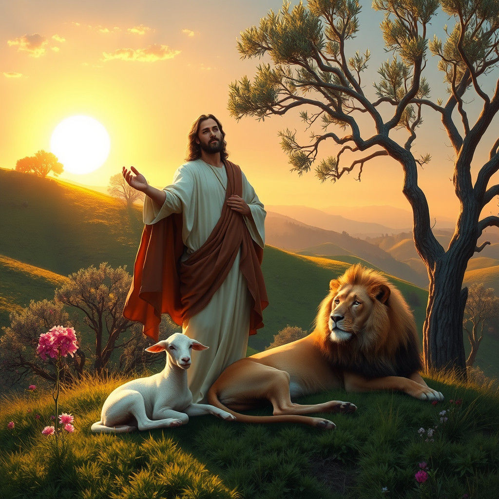Jesus in Contemplation with Lamb and Lion