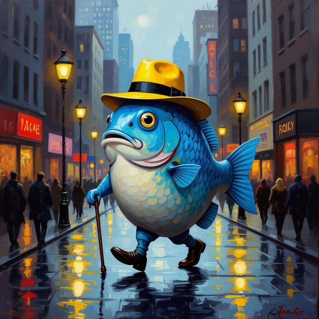 Fat Blue Fish in Yellow Hat Walks City Street
