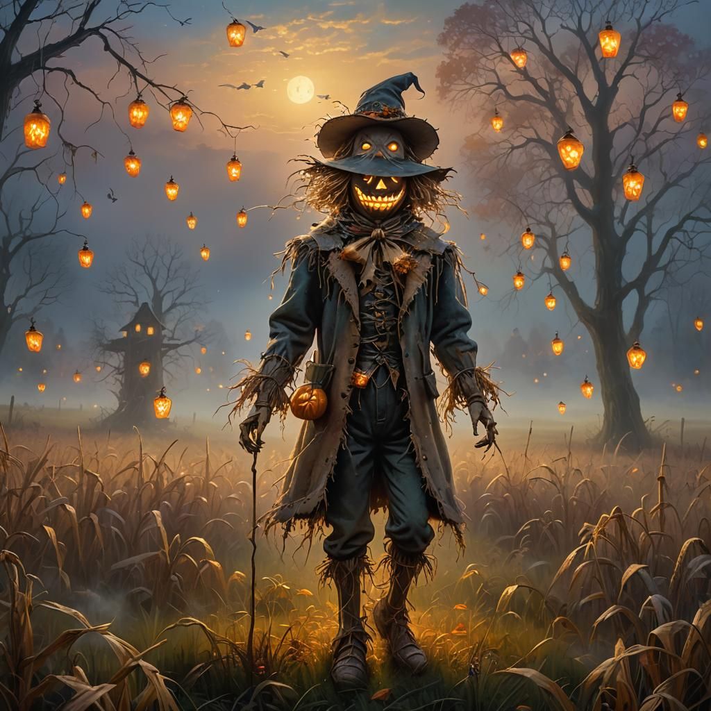 Ethereal Scarecrow in Autumn Landscape, Oil Painting