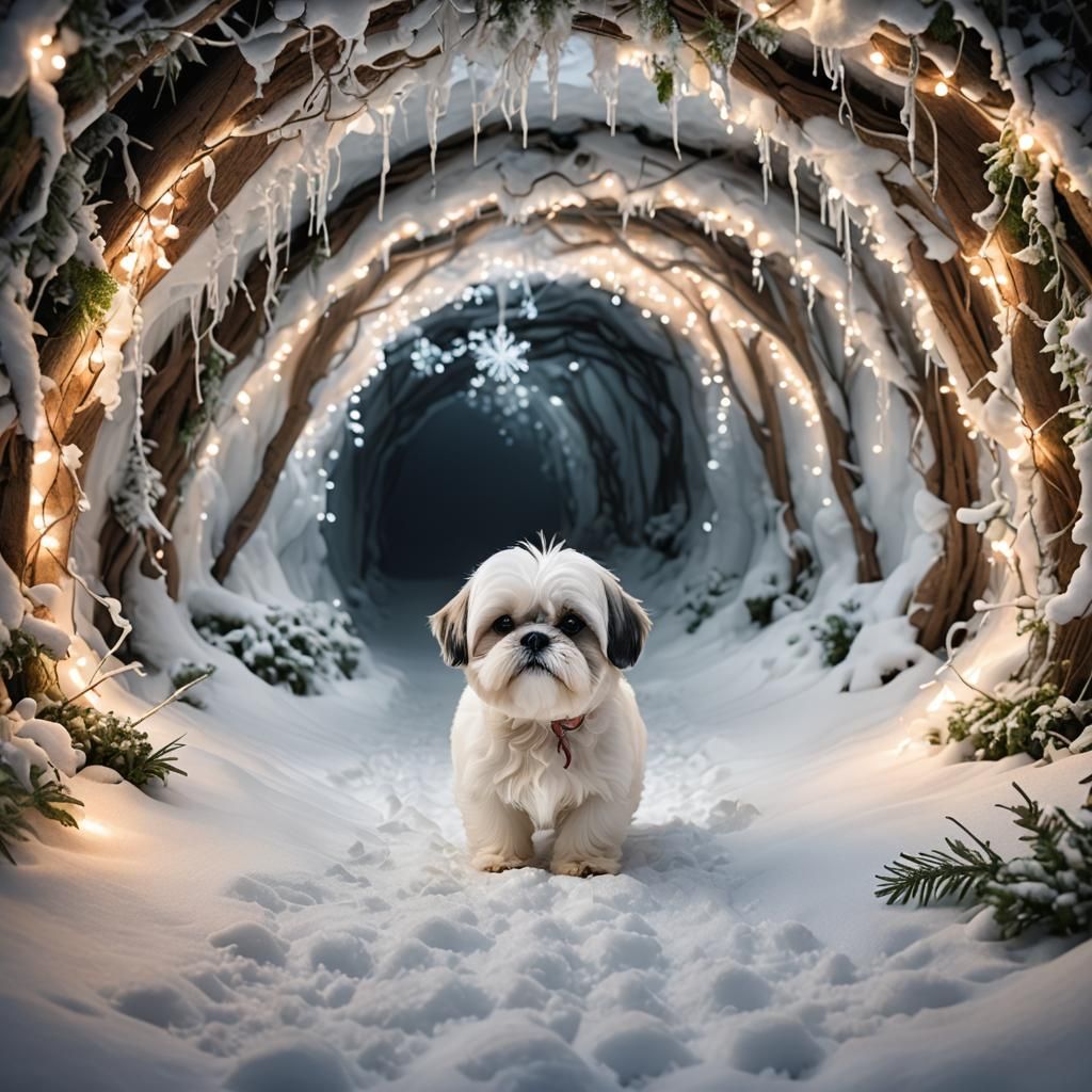 A small cute white shih tzu dog walking through a winter wonderland tunnel cave with snow vines growing on the sides, sn...