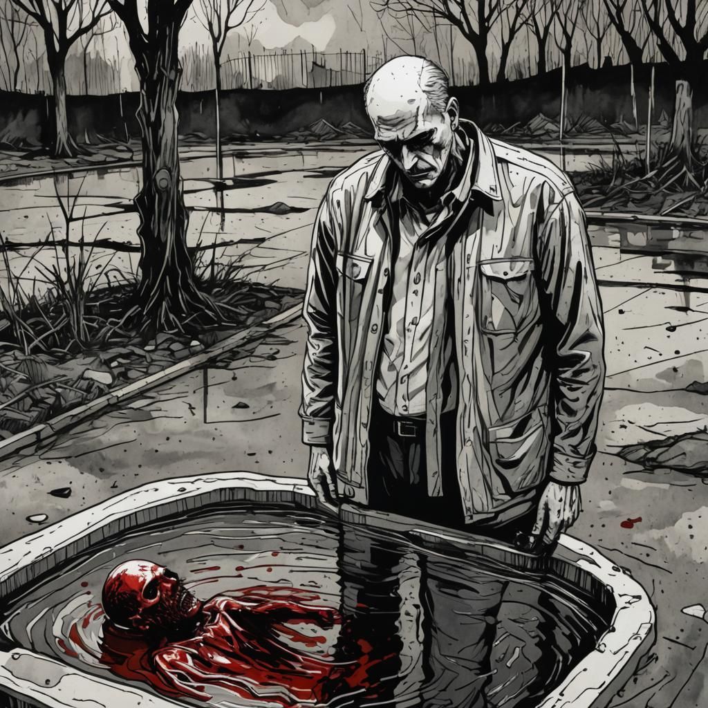 Disturbing Expressionist Illustration of Man and Corpse