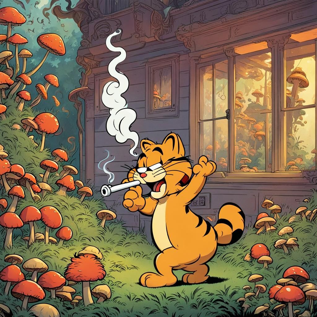 Garfield Smoking and Dancing with Mushrooms