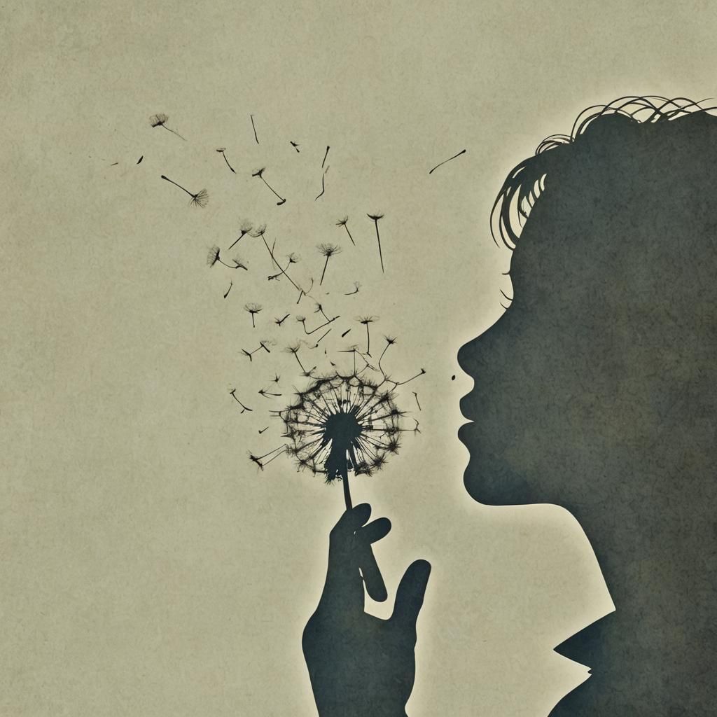 Silhouette Blowing Dandelion Seeds into the Wind