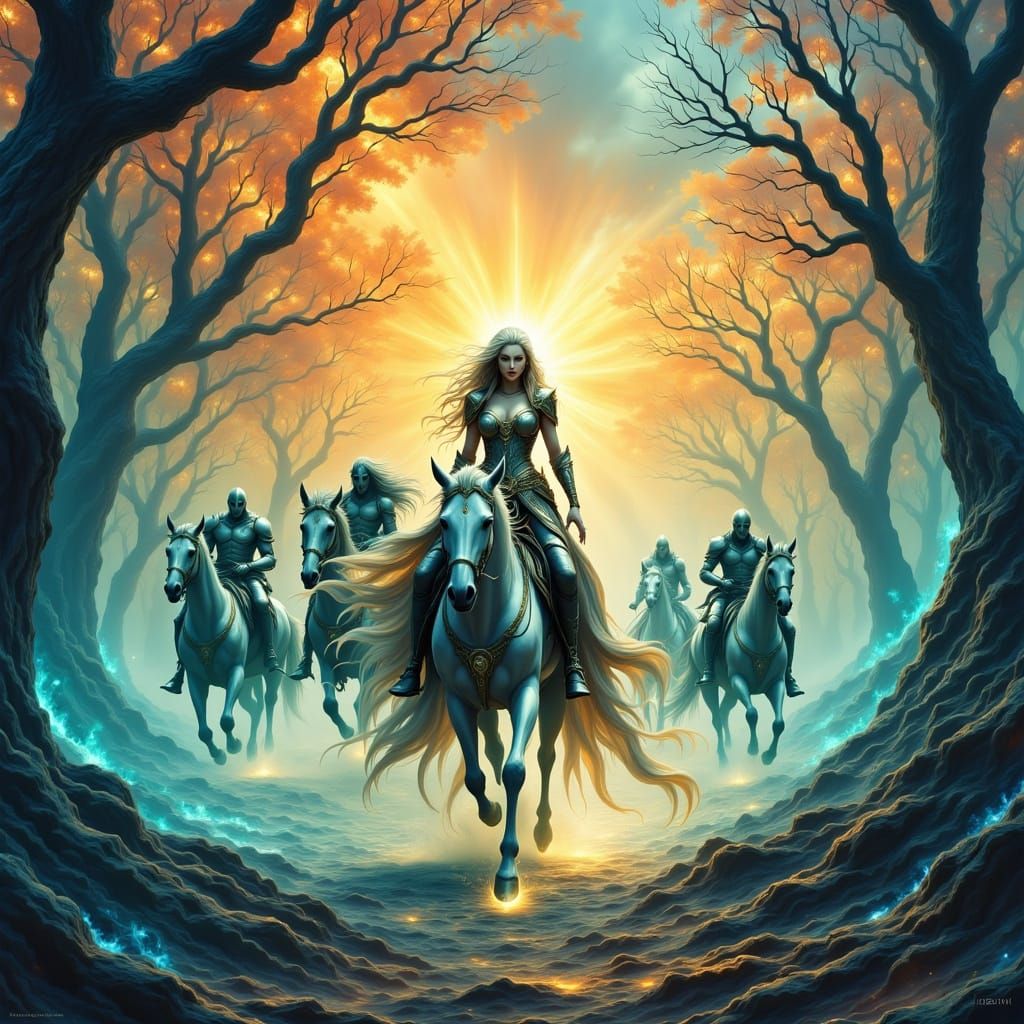 Ethereal Maiden Fleeing Dreamlike Landscape in Cyberpunk Fan...