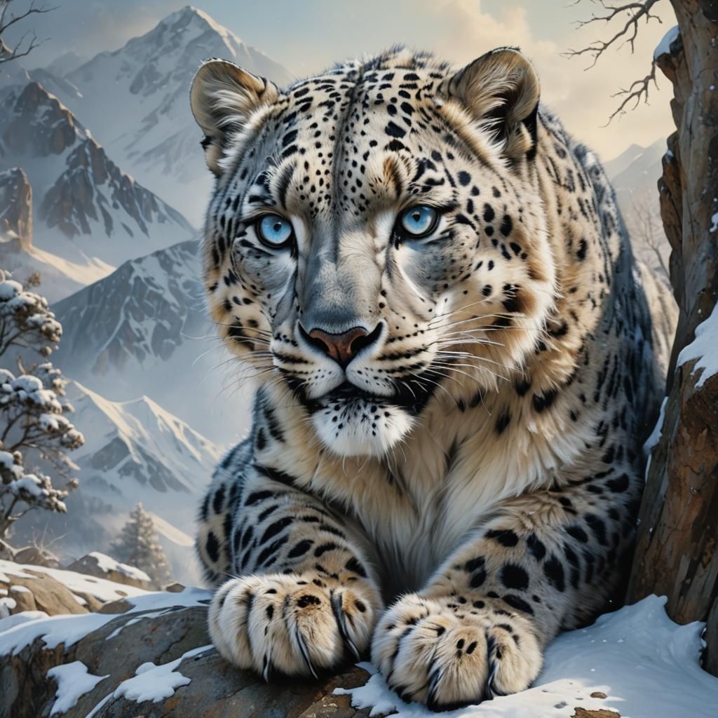 Hyperrealistic Snow Leopard Portrait on Snowy Mountain
