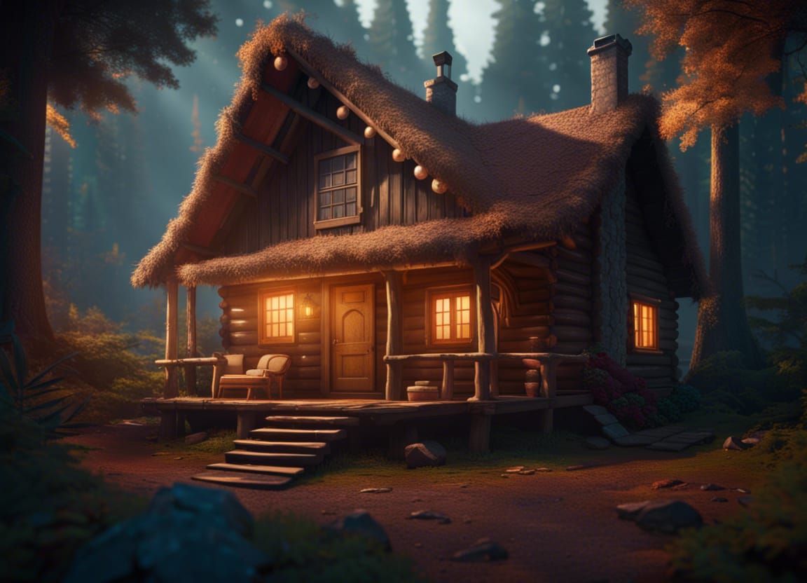 Cozy Cabin in Woods: Detailed Matte Painting