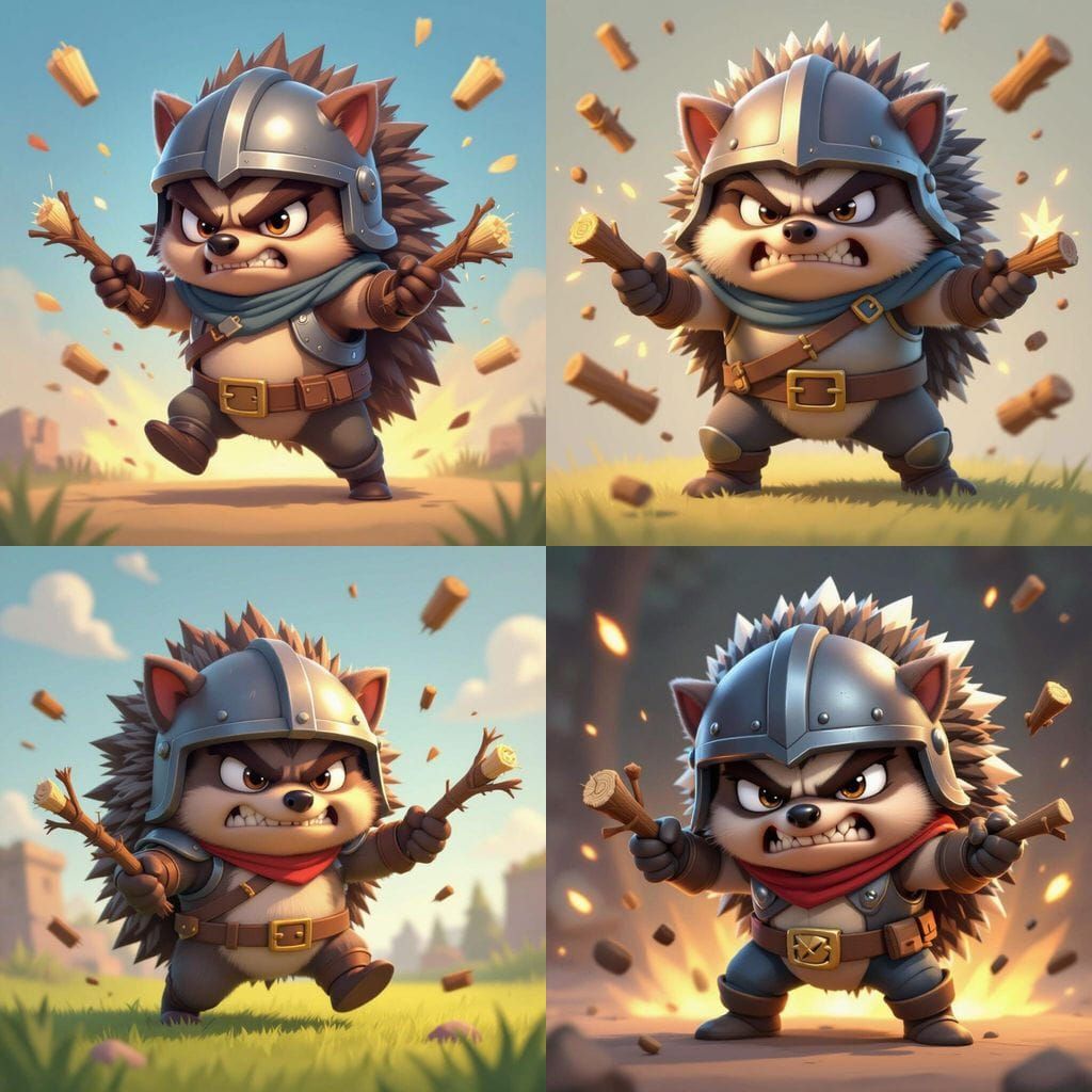 Grumpy Hedgehog Warrior in Vibrant 3D Game Art Style