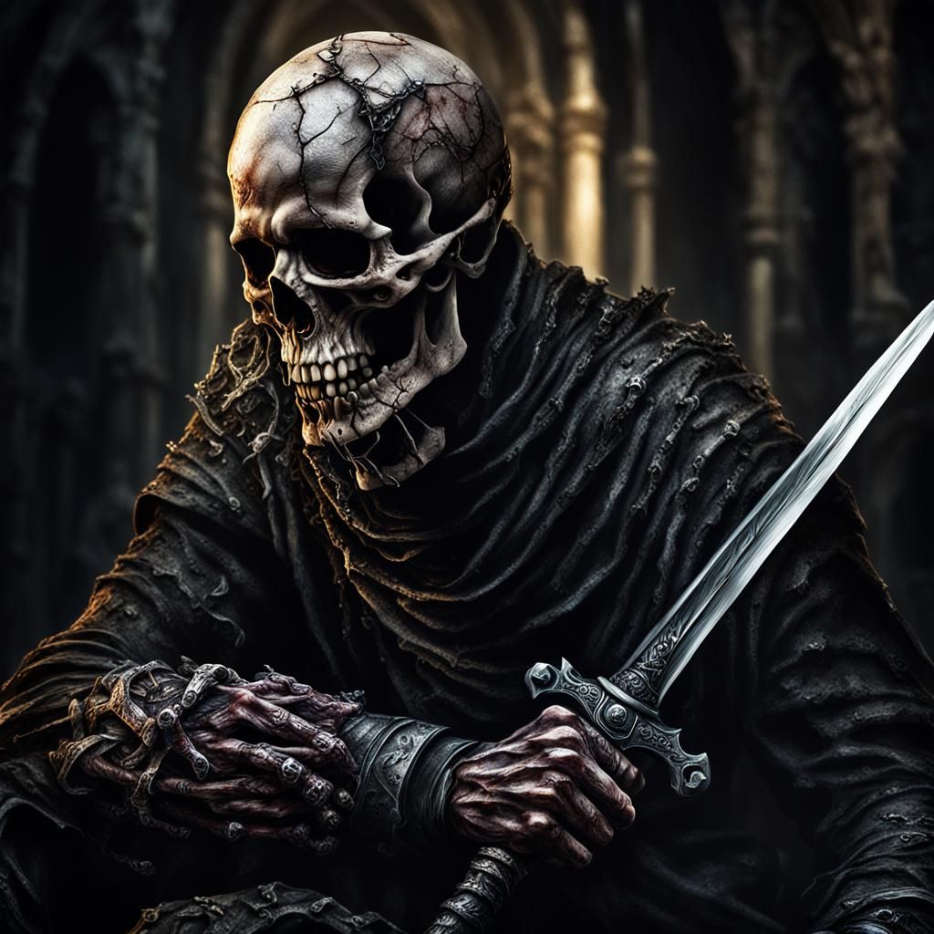 Decaying Man with Cursed Sword: Dark Fantasy Portrait