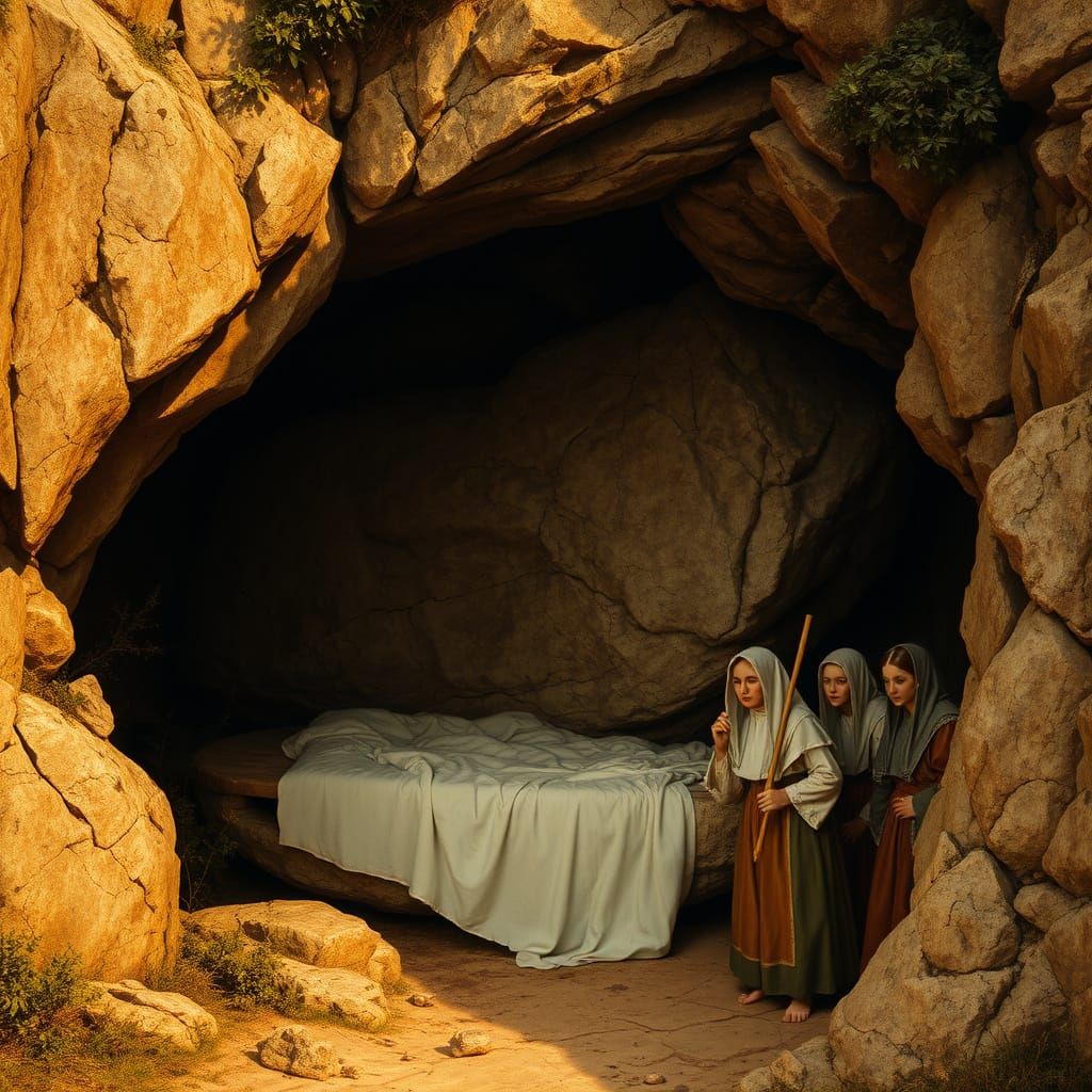 Majestic Rock Cliff with Ajar Boulder Door and Women in Rena...