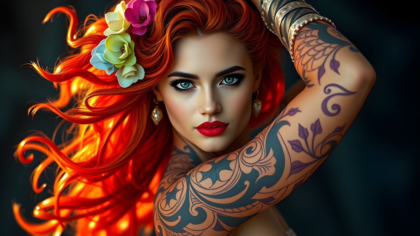 Dynamic Red-Haired Dancer with Intricate Body Art