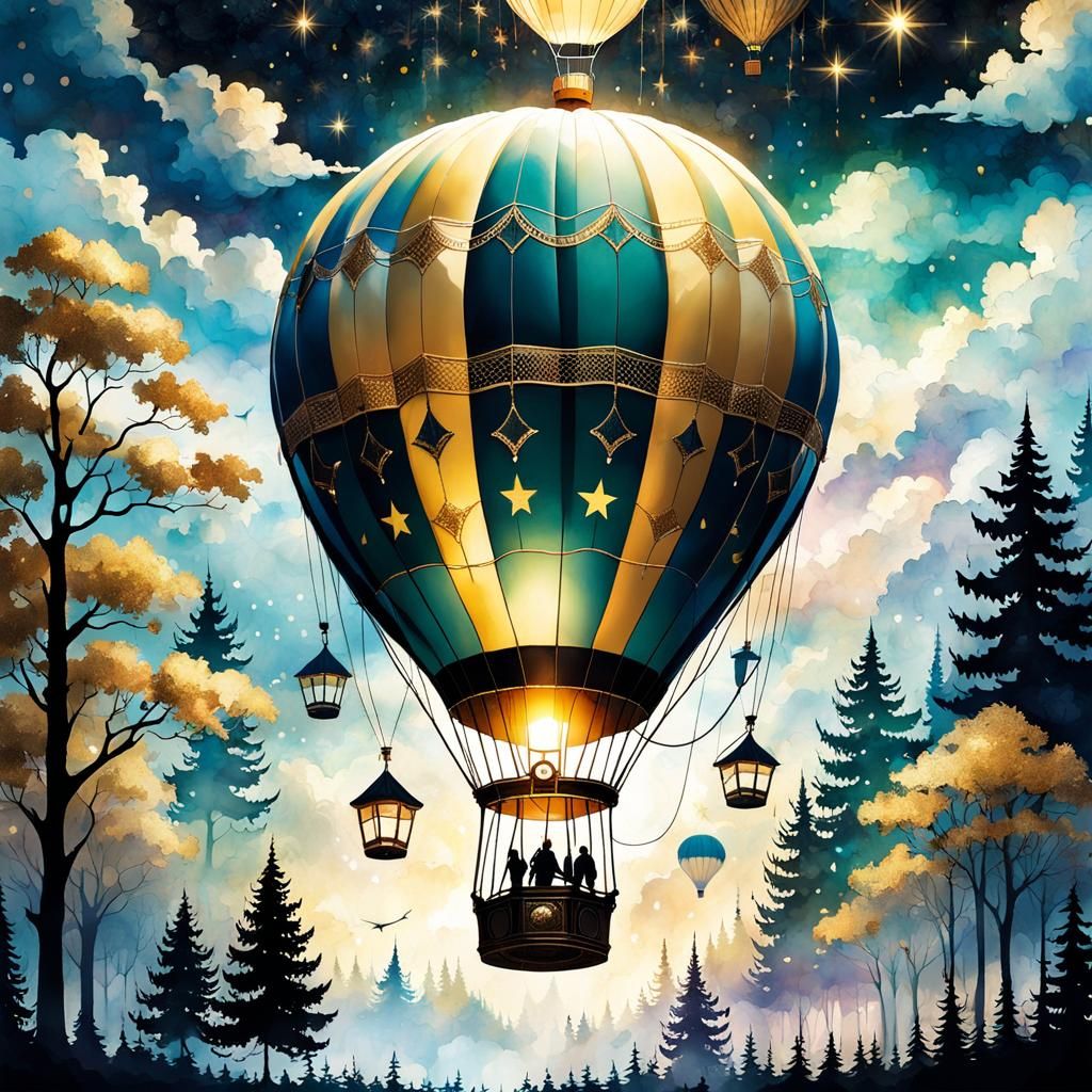Hot Air Balloon Silhouette in Fantasy Alcohol Ink Art