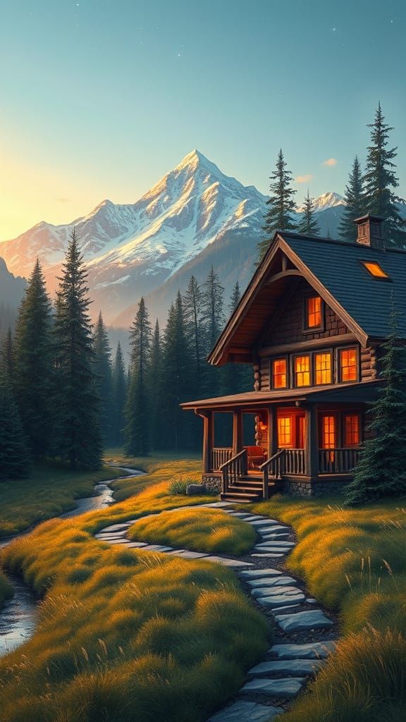 Impressionistic Mountain Village Scene with Cabin and Pine F...