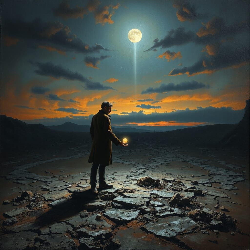 Weary Man Holds Glowing Orb on Cracked Earth