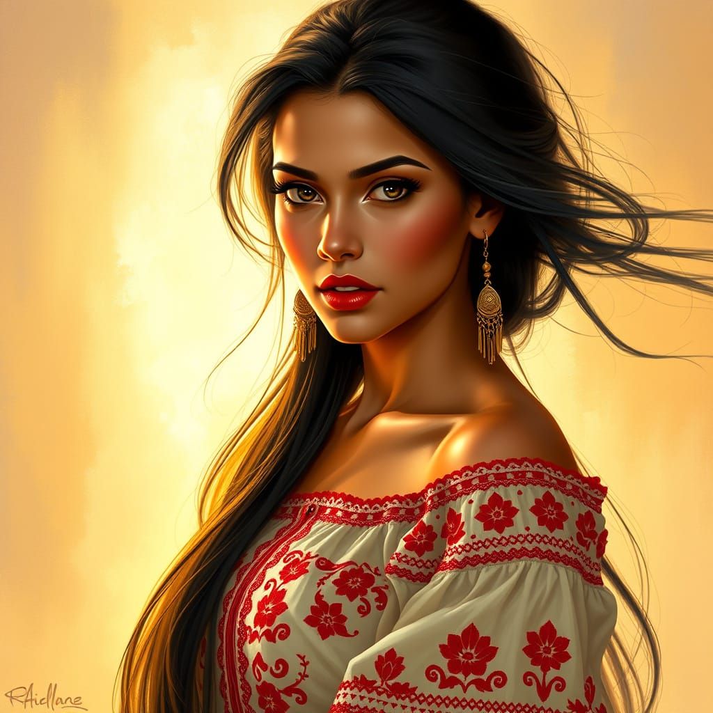 Elegant Latina Woman in Traditional Folk Attire