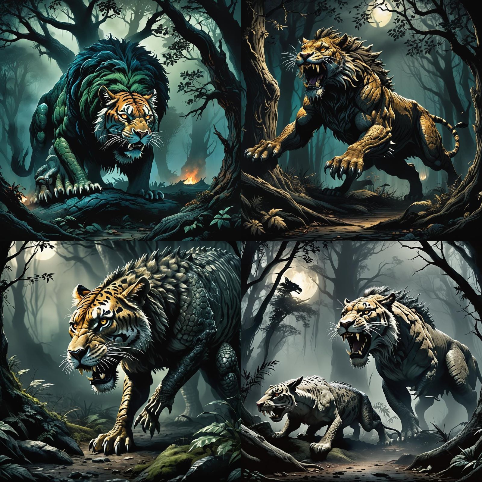 Horrific Lion-Tiger-Puma-Crocodile Creature in Woods
