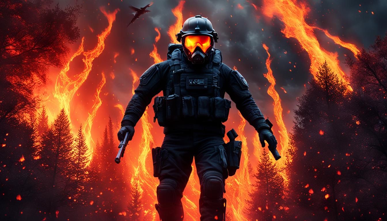 Inferno Warrior: Fire Skull Mask in Burning Landscape