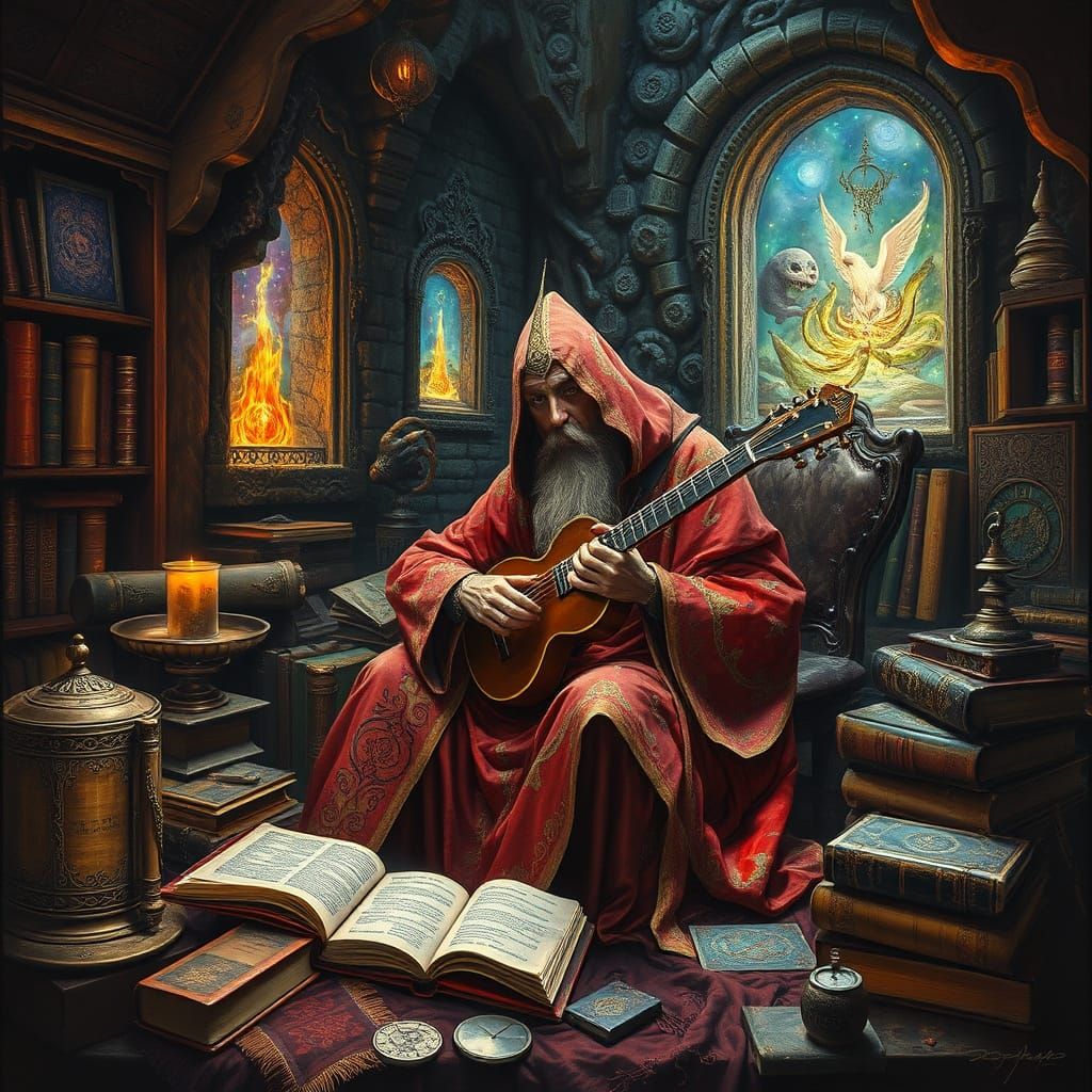 Minstrel in Eldritch Study with Magical Portals