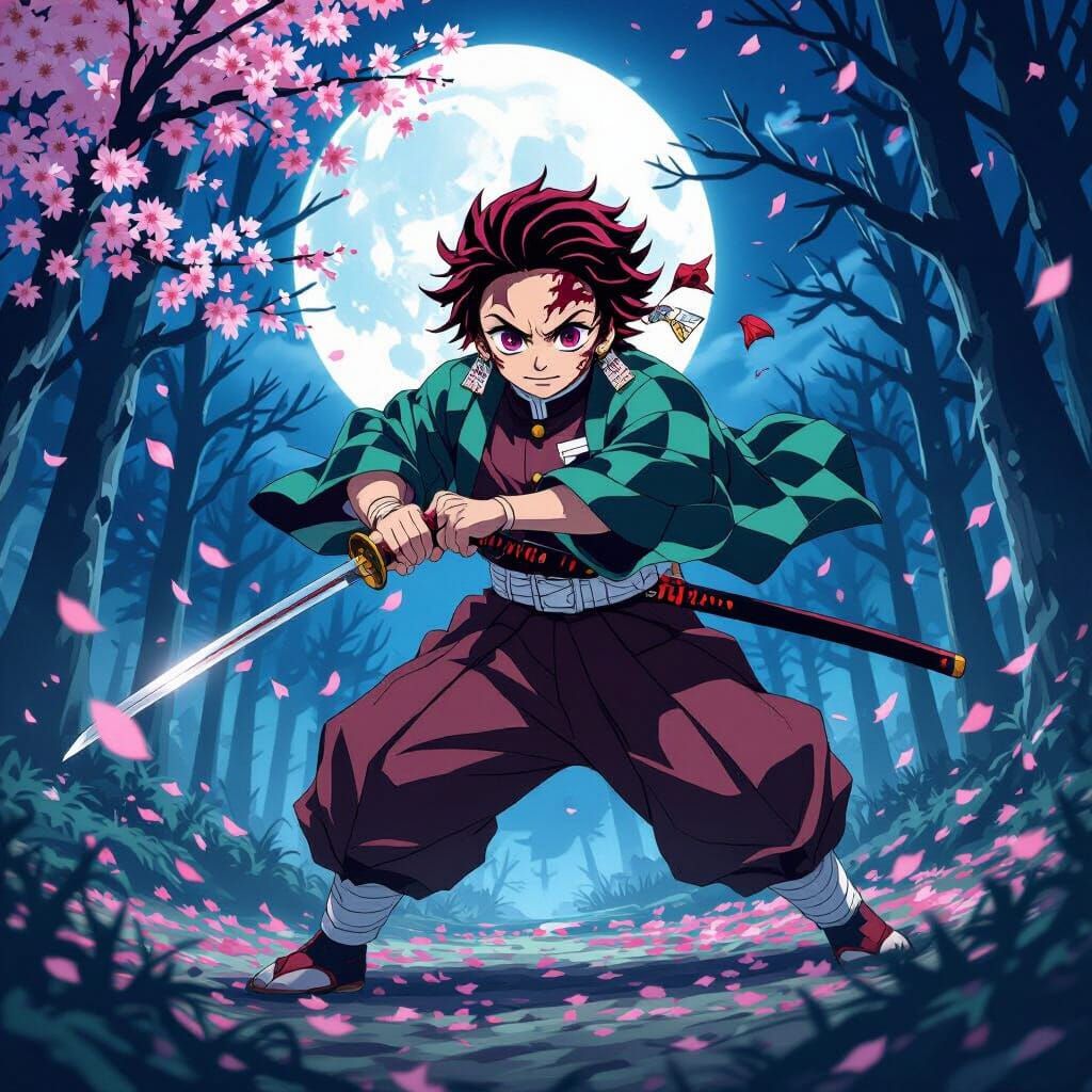 Tanjiro Fights Demon in Moonlit Forest