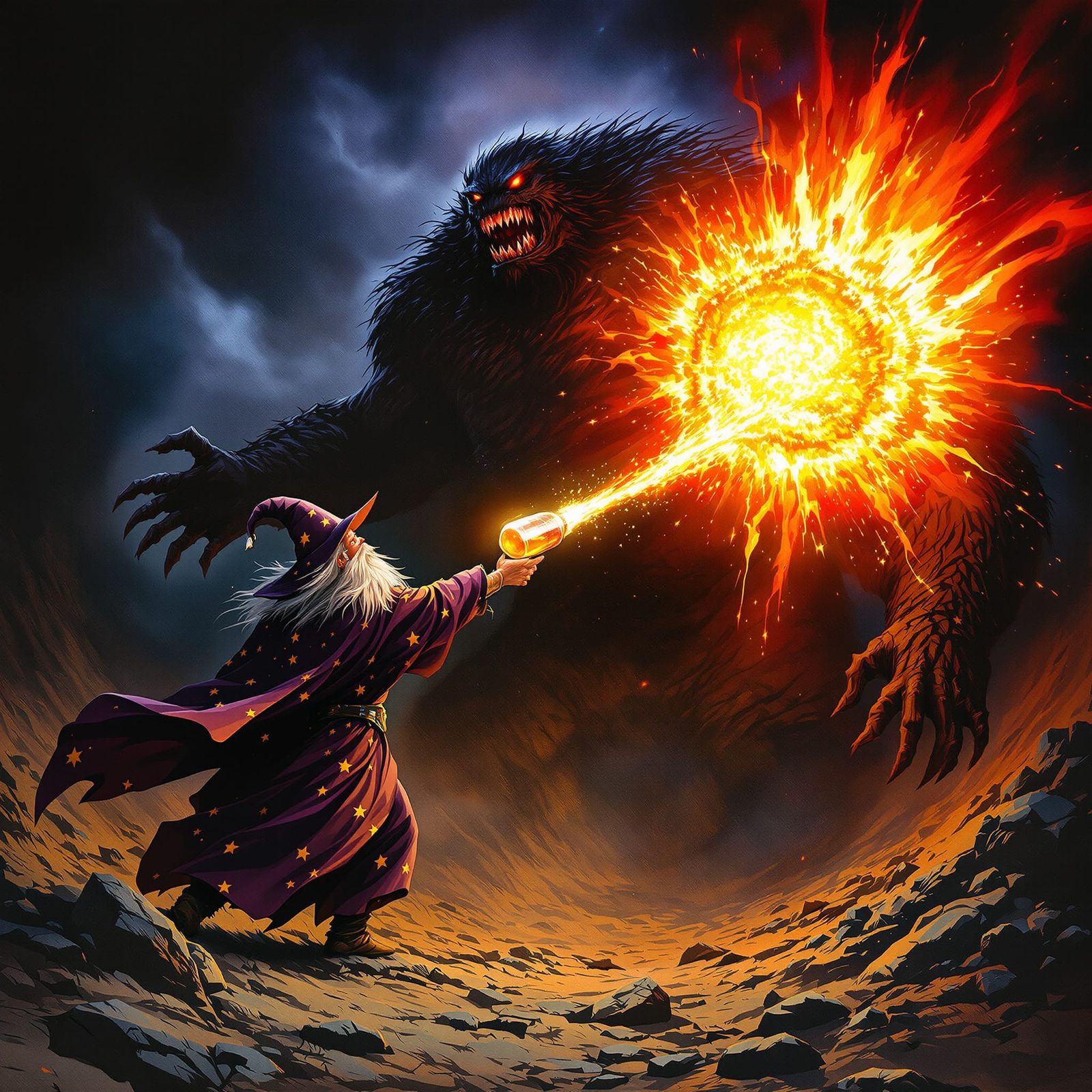 Fiery Potion Blast Engulfs Monster in Epic Fantasy Art