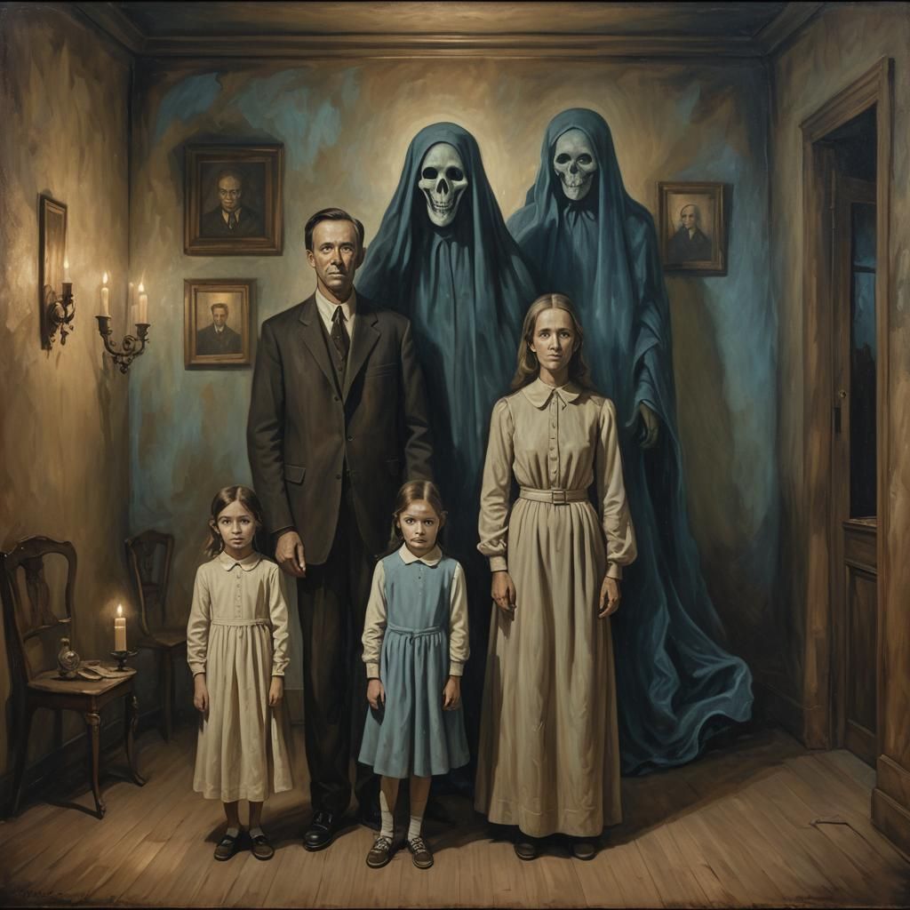 Family Portrait with Ghost in Dark Surrealism Style
