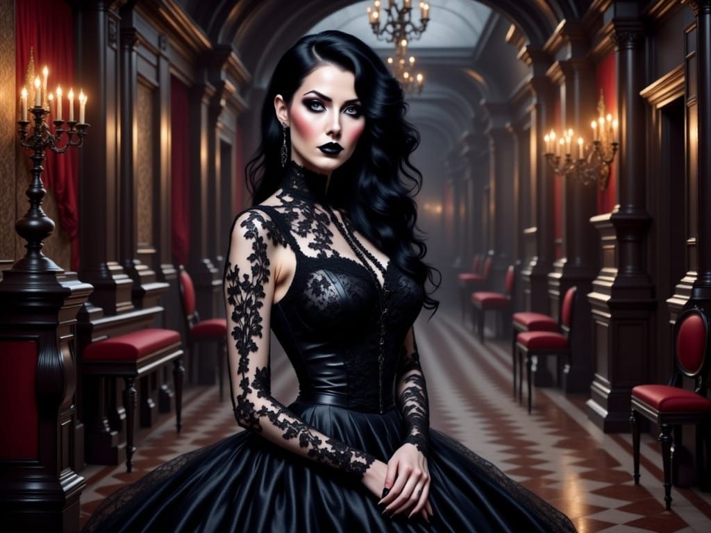 Elegant Goth Woman in Black Lace Gown