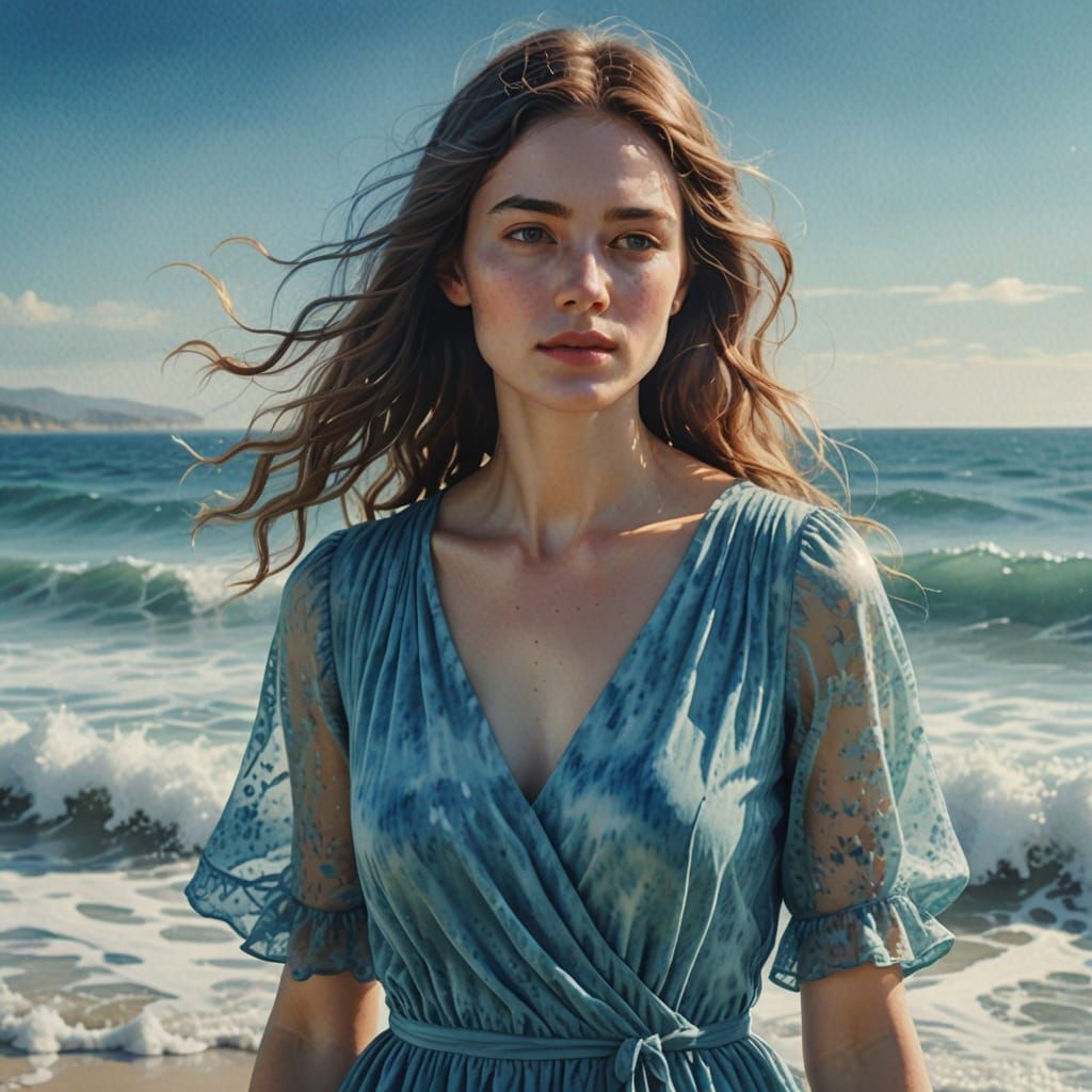 Dreamy Woman in Blue Dress, Watercolor Style