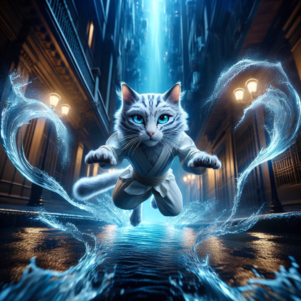 Anthropomorphic Cat in Dramatic Action Pose with Water