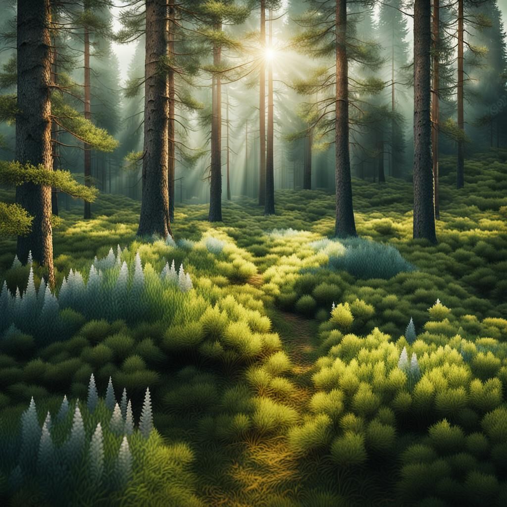 Sun-Drenched Coniferous Forest in Hyper-Realistic Style