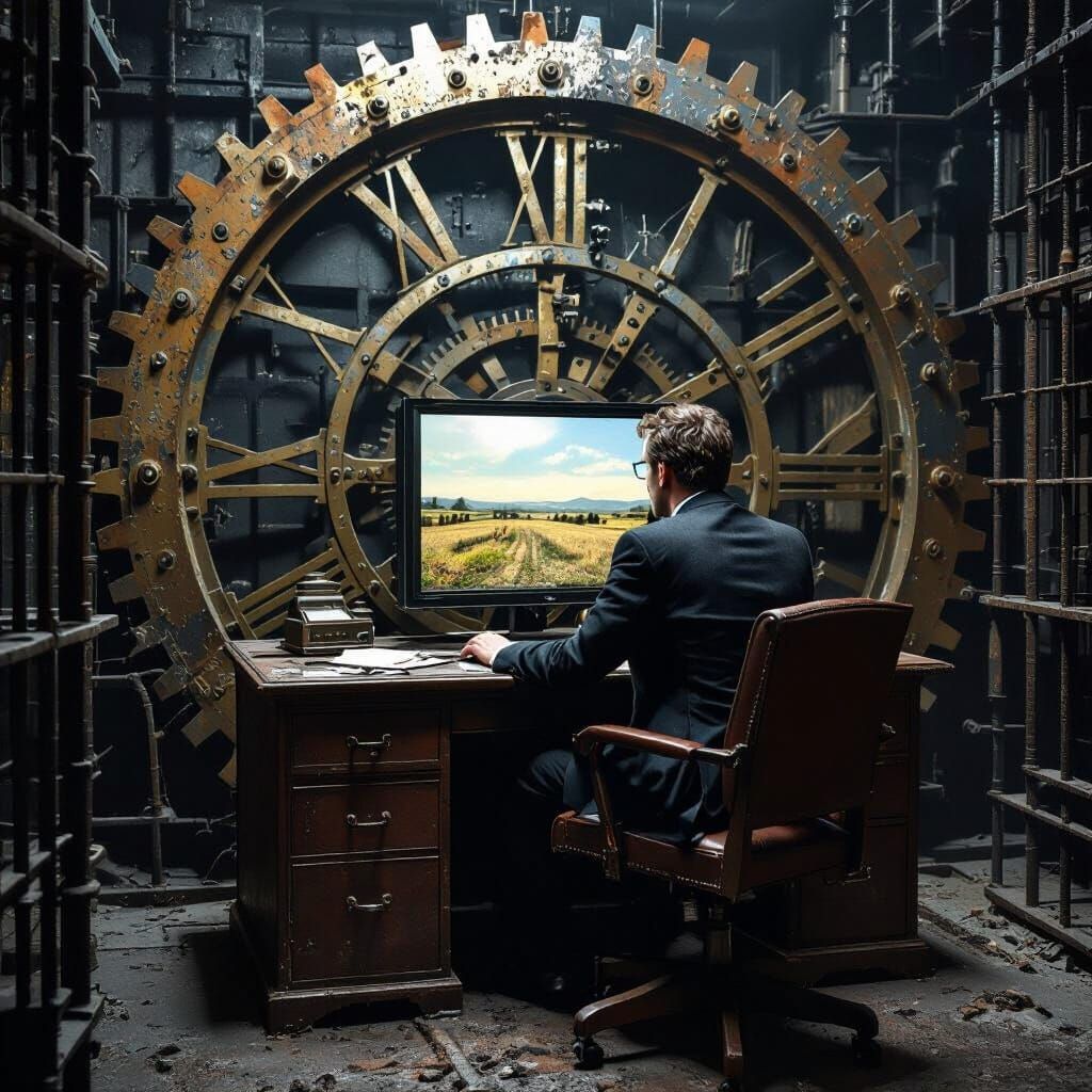 Man in Clockwork Gear Cage: Industrial Steampunk Art