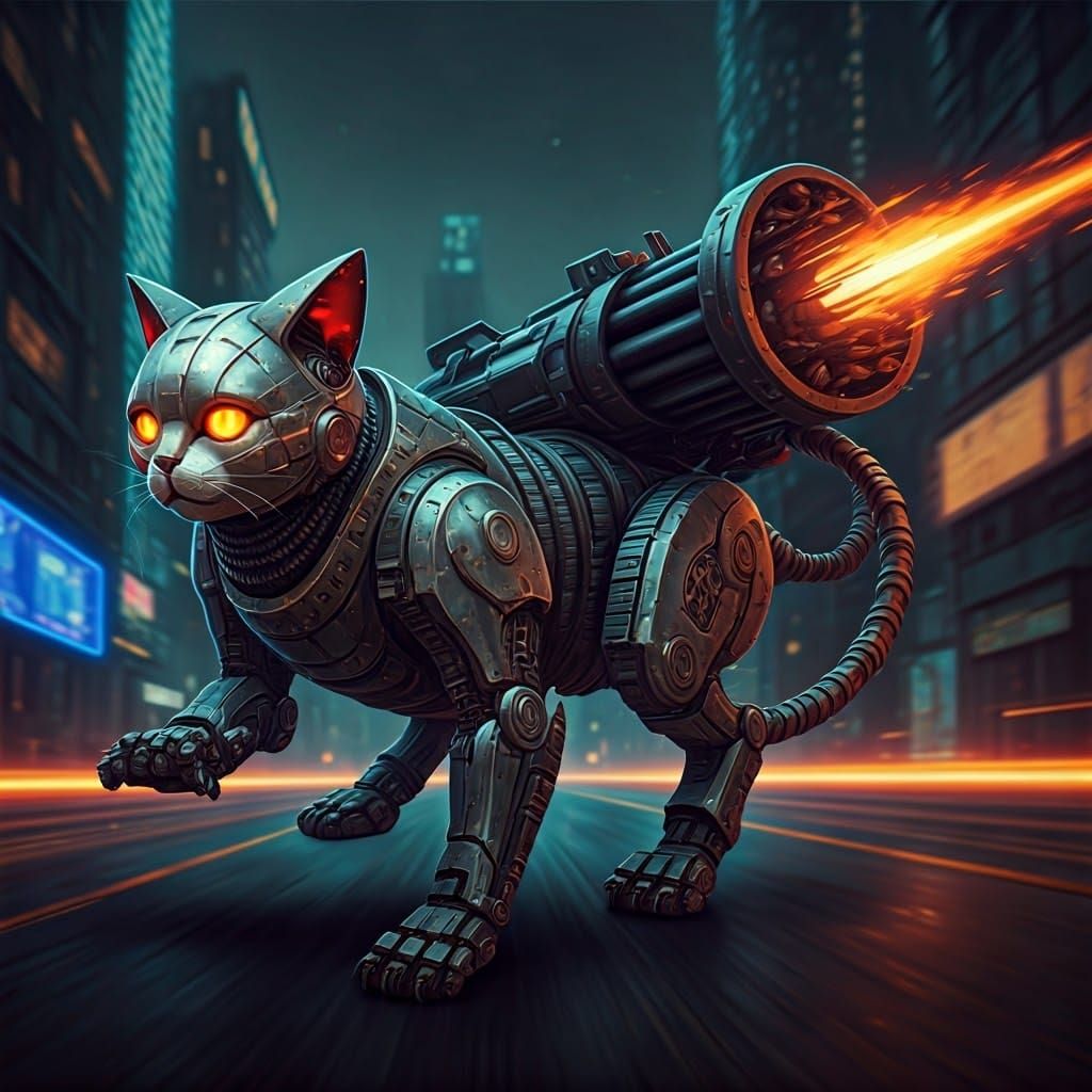 Cyberpunk Robot Cat Blasts Off into Futuristic City