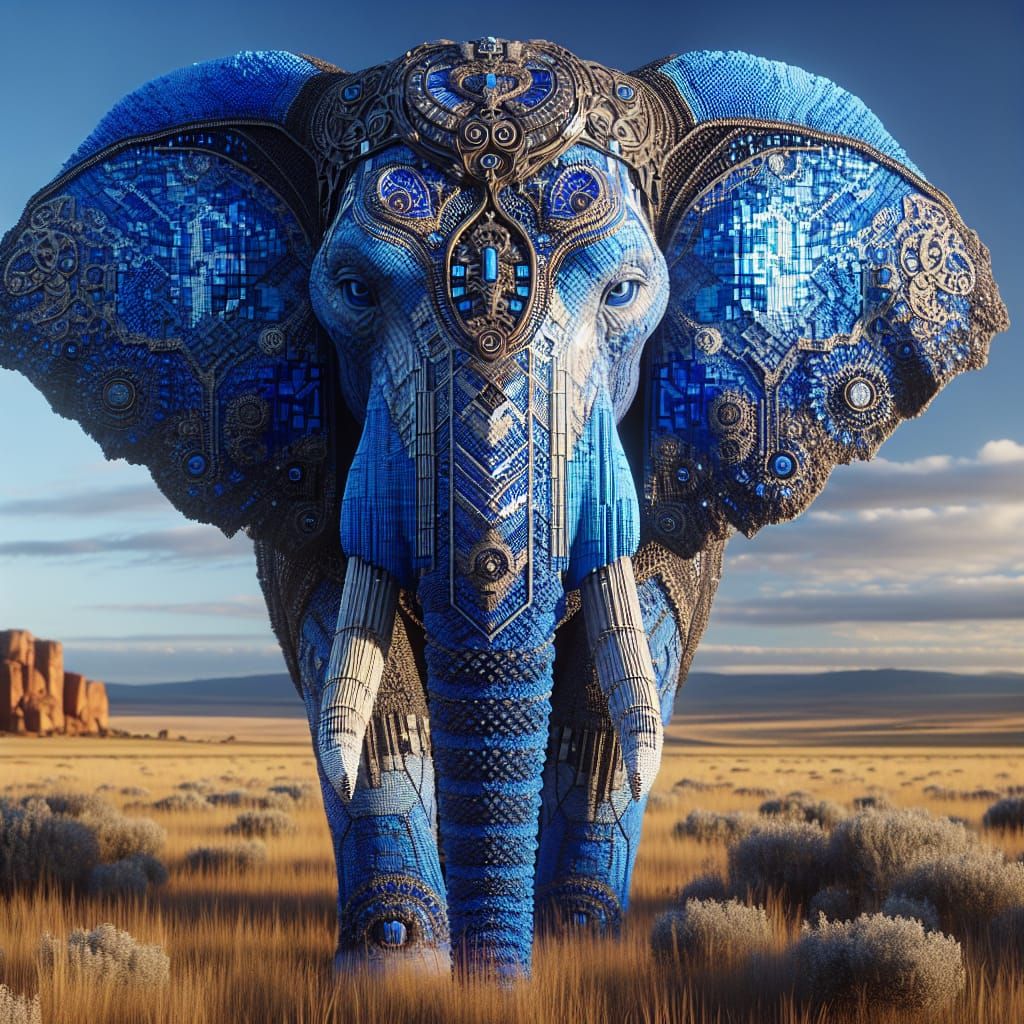 Majestic Blue Elephant with Mosaic Armor in UHD