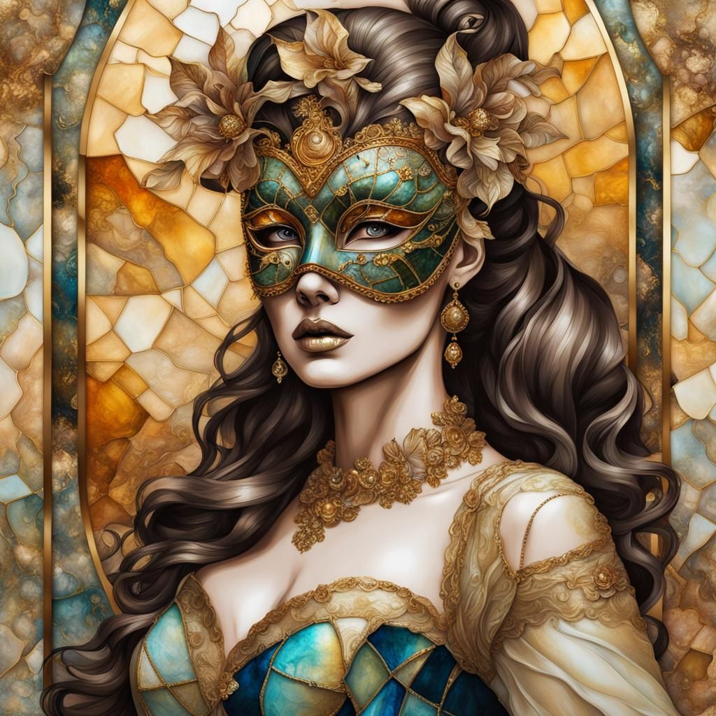 Elegant Woman in Venetian Mask: 3D Alcohol Ink Art