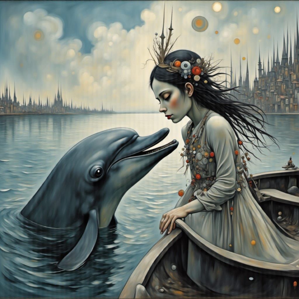 Girl and Dolphin in Boat, Inked Sky Style