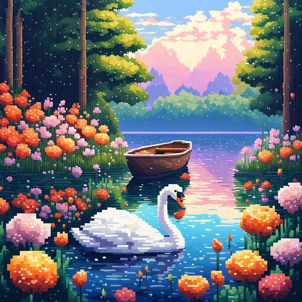 A wide view illustration in pixel art of a High detailed swa...