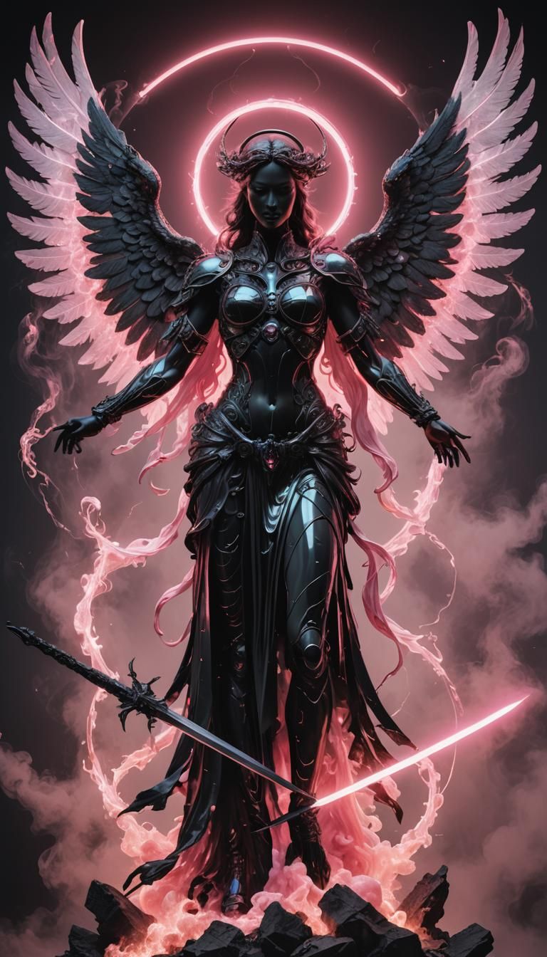 Ethereal Vantablack Goddess in Neon Halo, Angel Wings, and S...