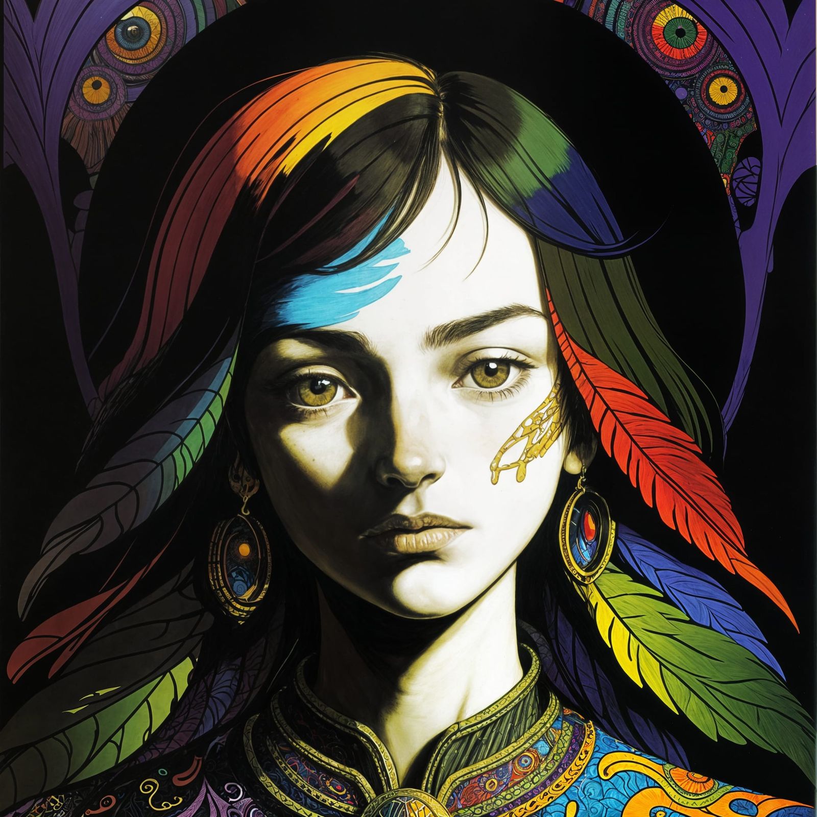 Woman in Machine: Chiaroscuro Portrait with Feathers