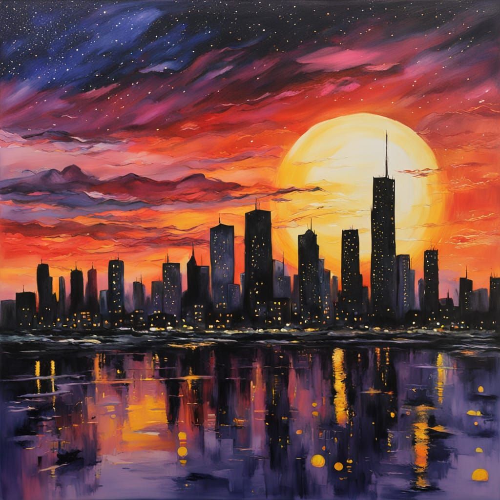 Cyberpunk Cityscape Illuminated by Glowing Stars and Moon