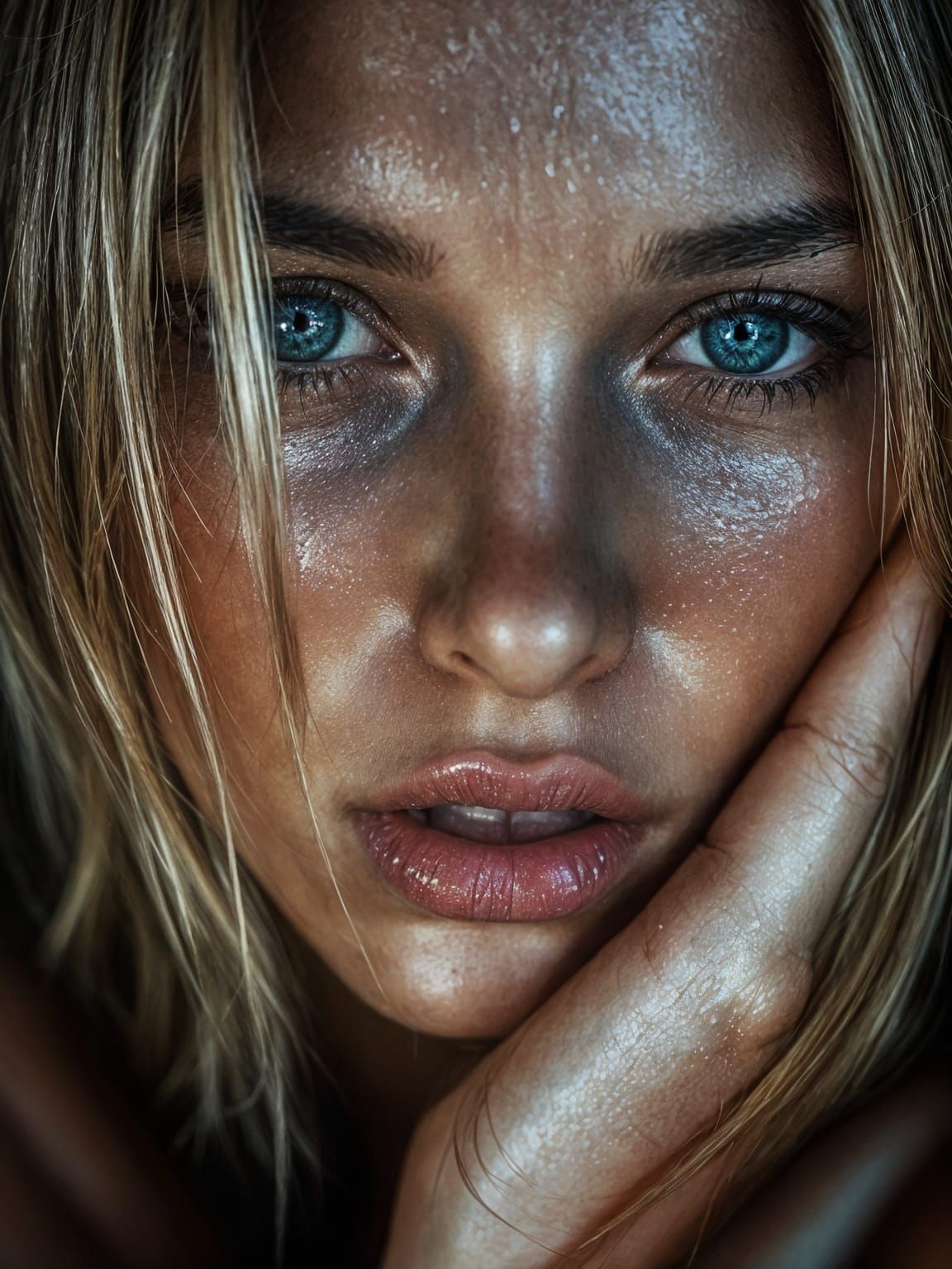 Sensual Blonde Woman Portrait with Wet Skin