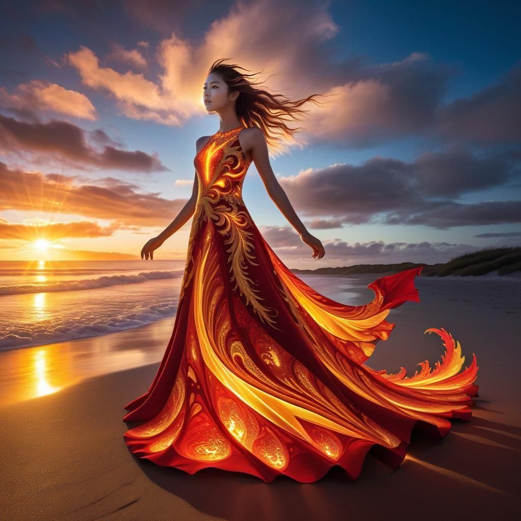 Golden Fractal Dragon Dress on the Beach