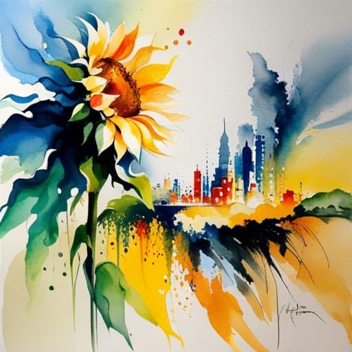 Watercolor Sunflower in Surreal Abstraction