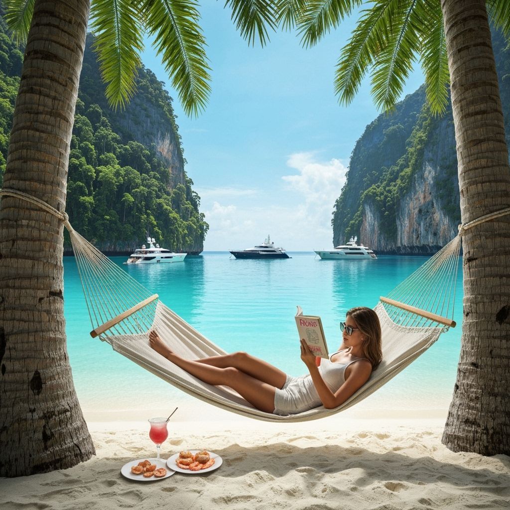 Serene Turquoise Lagoon with Woman Reading by Yachts