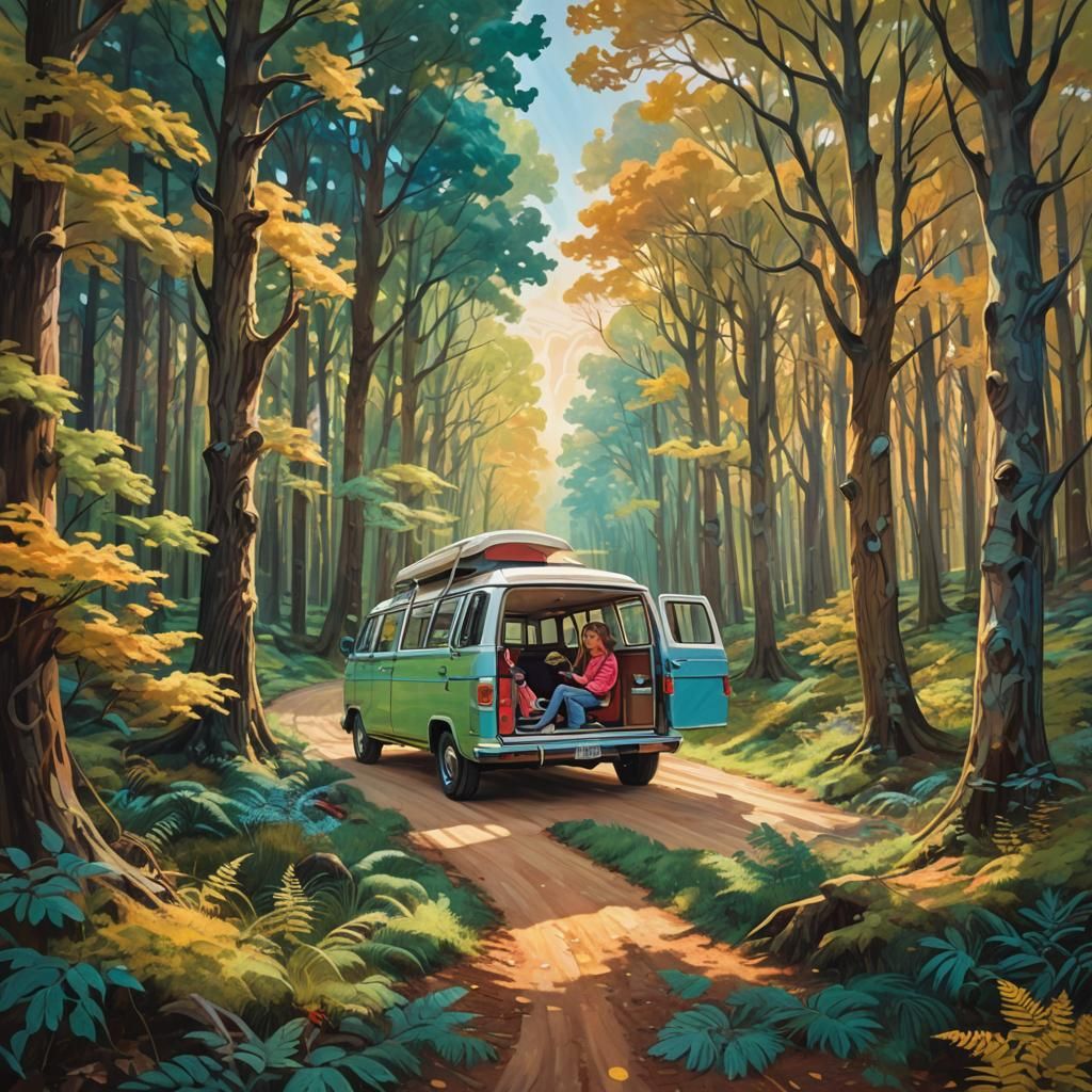 Whimsical Road Trip Through Dreamlike Forest in Oil Painting...