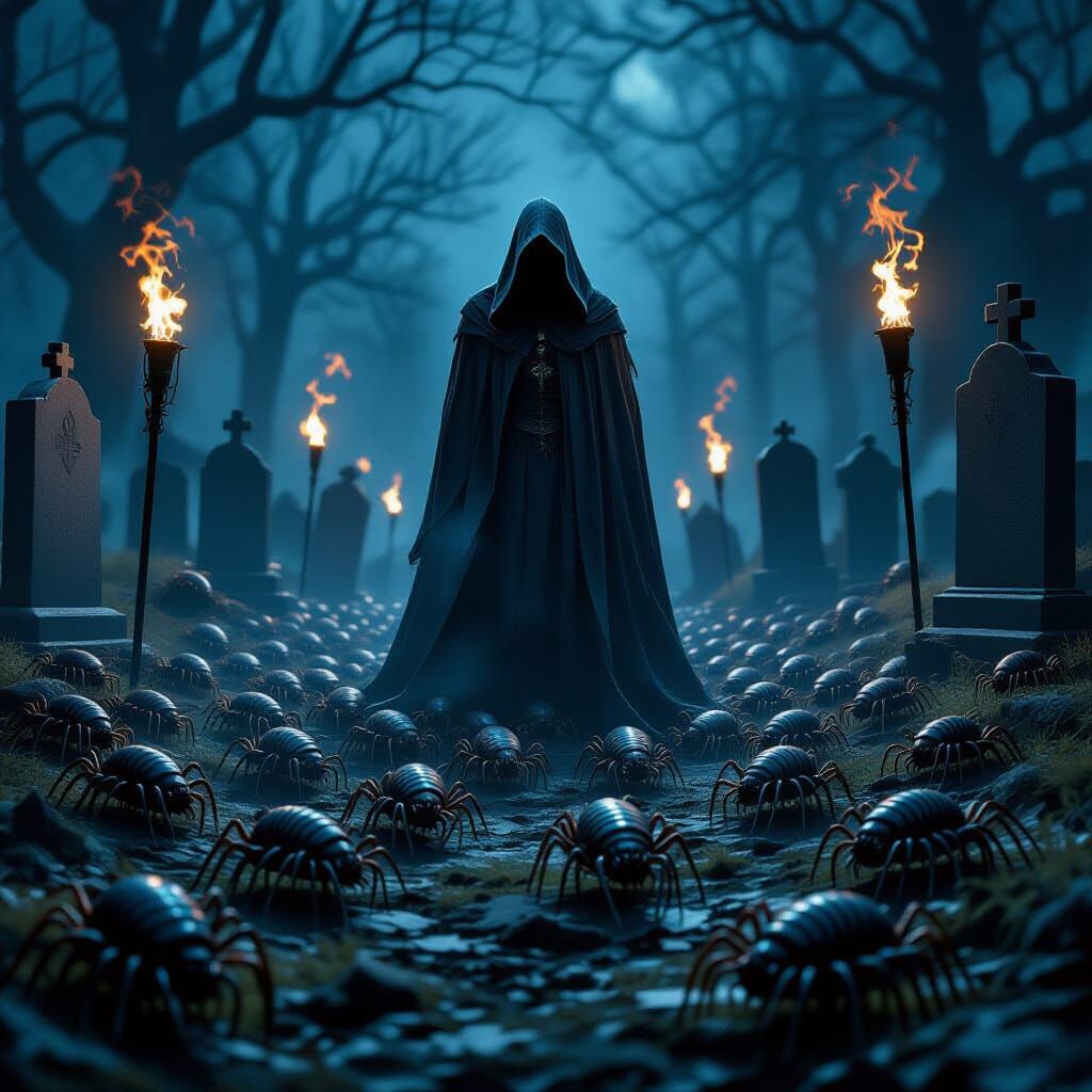Mysterious Hooded Figure in Misty Graveyard Surrounded by Ce...